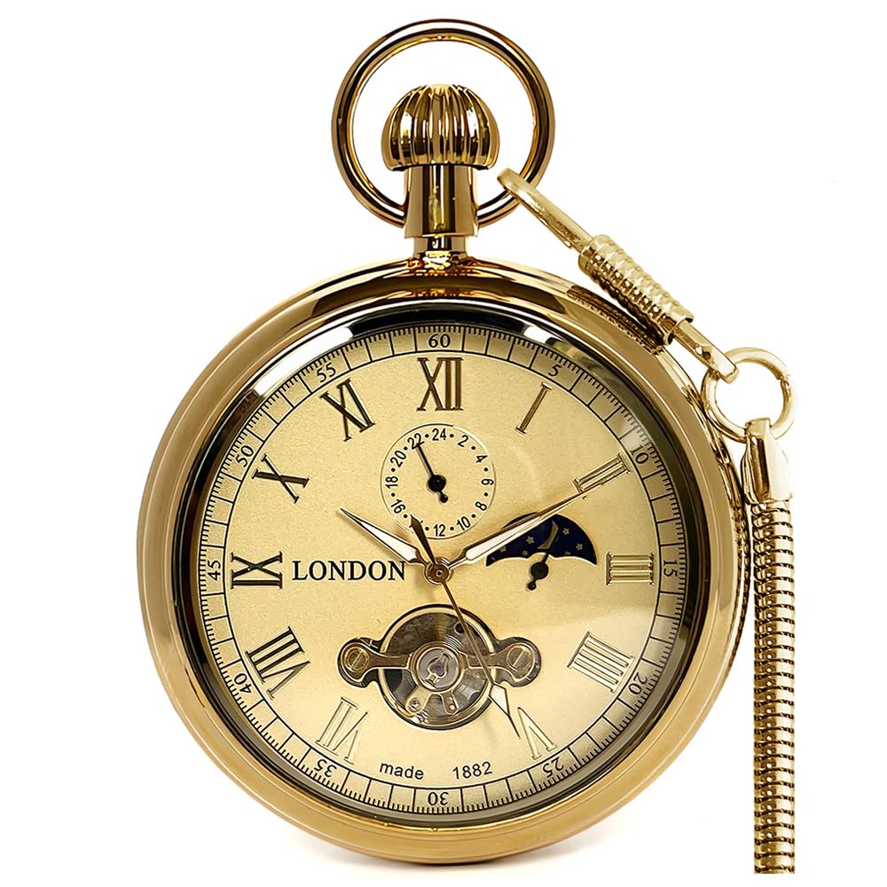 HOTVIGOROSO Men's Vintage Full Copper Hand-Wind Mechanical Second&24hours Sub-dials Pocket Watch in Box