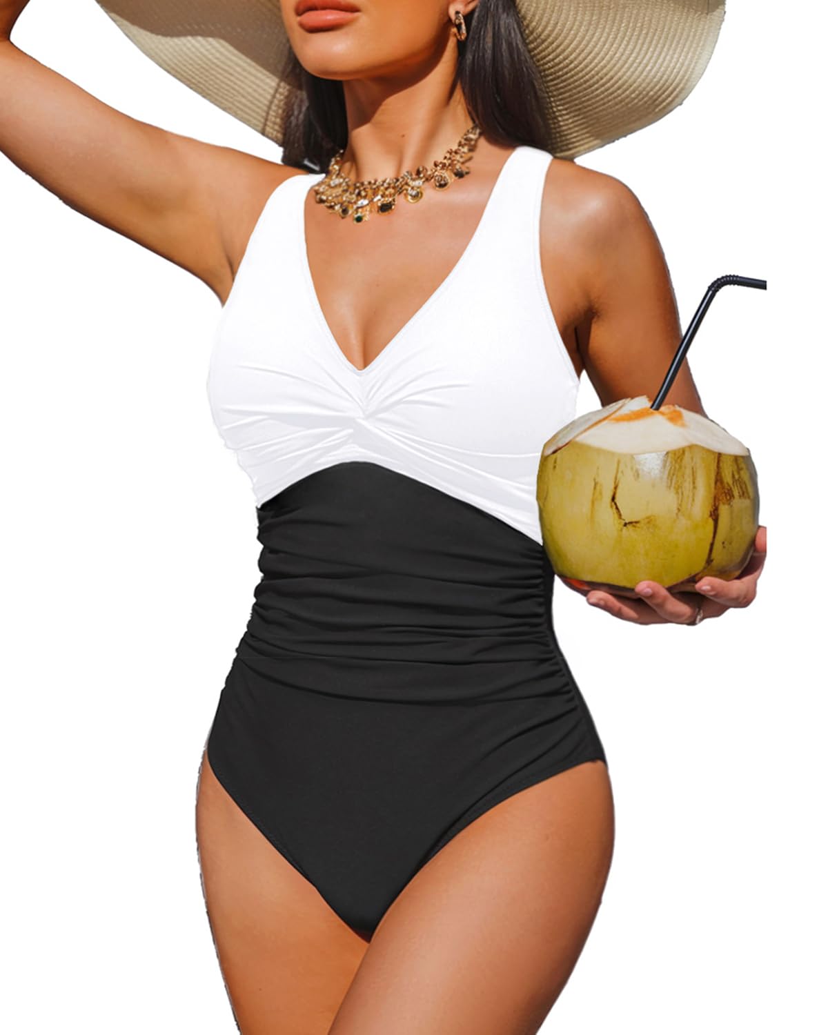 HOTWomen's Tummy Control One Piece Swimsuit Push Up Full Coverage Bathing Suit | V-Neck Twist Front, Low-Back Design, Adjustable Straps, Removable Pads, Full Coverage, Long-Torso Fit, Beach and Pool Days