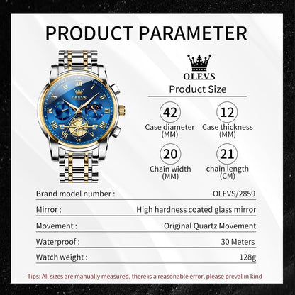 HOTOLEVS Watches Men Waterproof Luxury Big Face Mens Watch Stainless Steel Quartz Analog Dress Watches for Men Luminous Multifunction Man Watch Relojes De Hombre