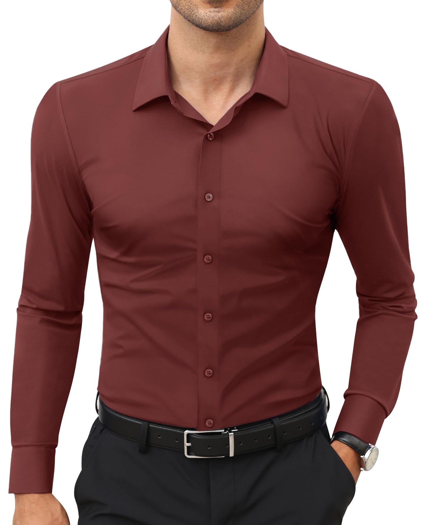HOTLion Nardo Stretch Mens Dress Shirts Long Sleeve Slim Fit Dress Shirts for Men Muscle Fit Wrinkle Free Button Down Shirt