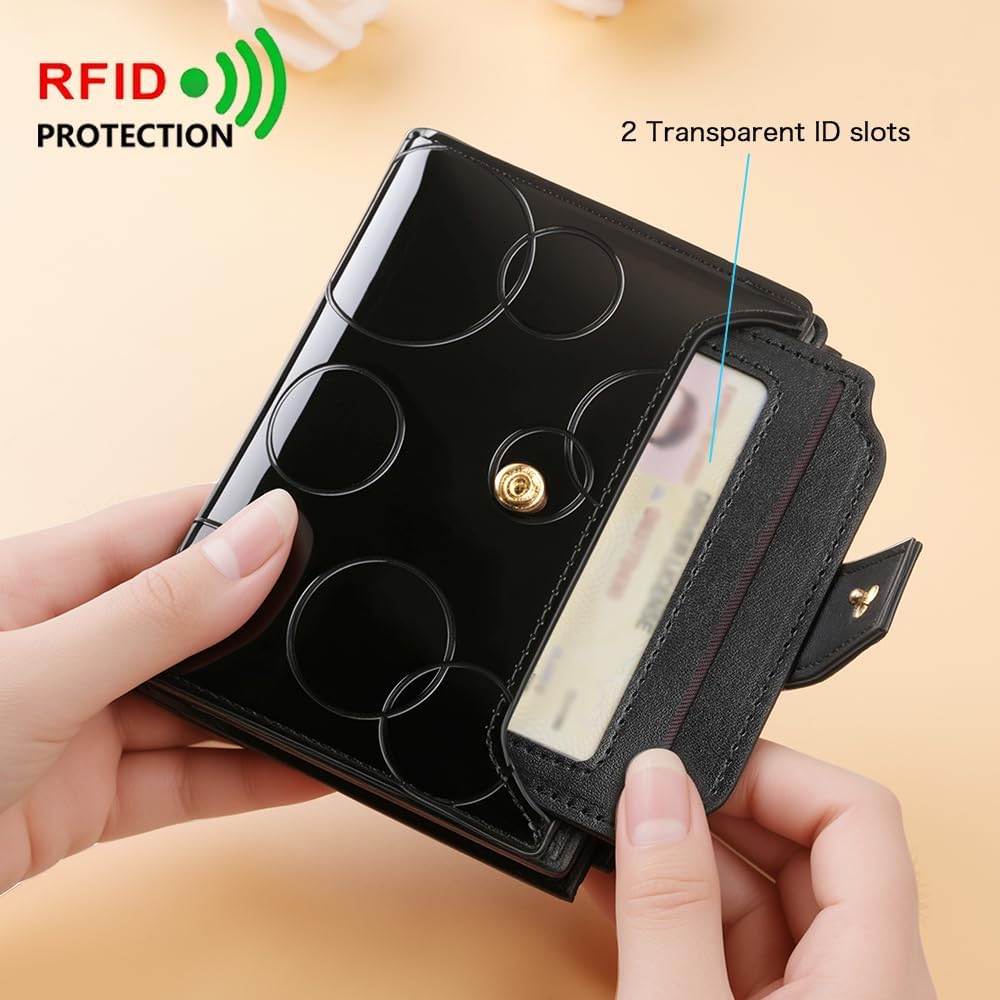 HOTNoble and elegant women's leather wallet, sequins, detachable ID card holder, short three fold style, zipper and snap closure, RFID shielding to protect credit cards, foldable wallet (Black)
