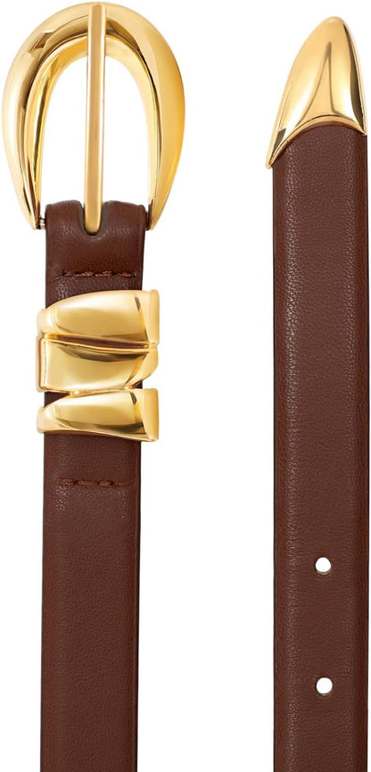 HOTXZQTIVE Women's Skinny Leather Belts Ladies Thin Waist Belts for Jeans Dress Pants Trendy Black Belt with Gold Buckle