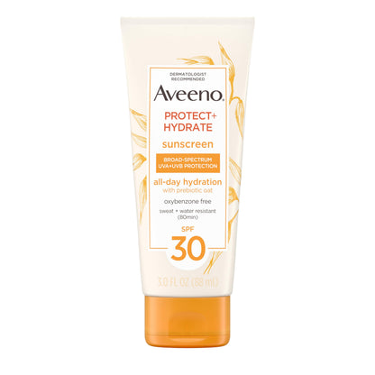 HOTAveeno Protect + Hydrate Sunscreen Lotion for Body & Face with Prebiotic Oat, SPF 60 Broad Spectrum Sunscreen, Paraben, & Oil Free, Water & Sweat Resistant (80-min) for Sensitive Skin, 12 FI Oz