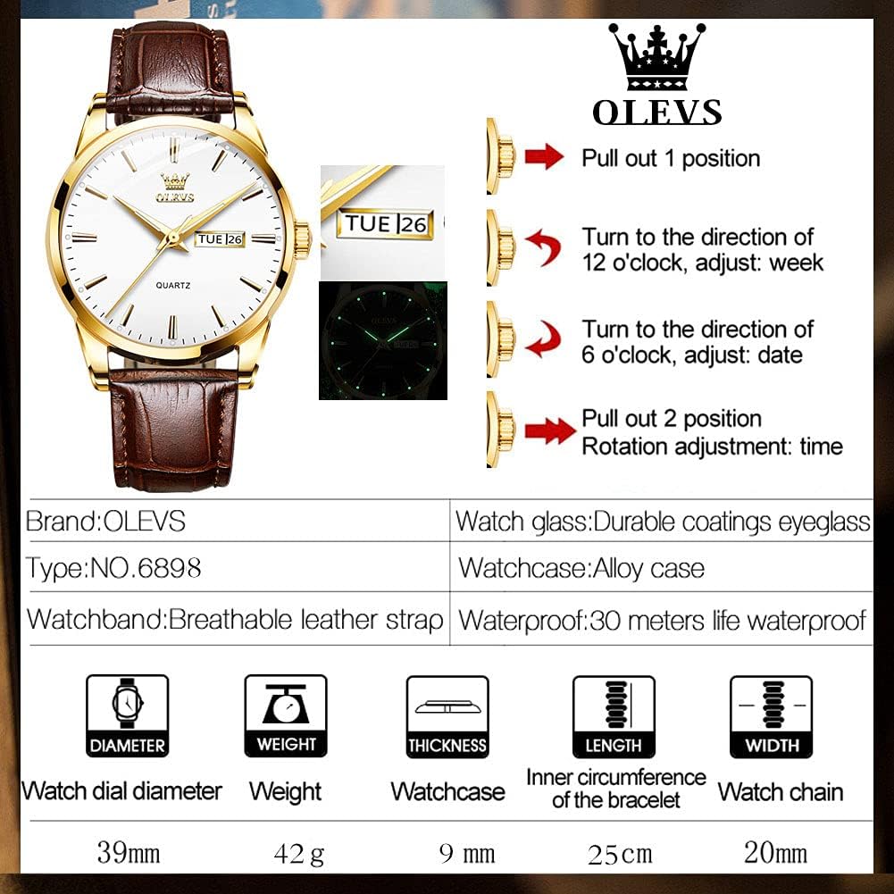 HOTOLEVS Mens Watch Brown Leather Band Dress Watch for Men Quartz Waterproof Men's Wrist Watch 38MM Gold Case Easy to Read Day Date Business Casual Men Watches Gifts for Him Relojes para Hombres