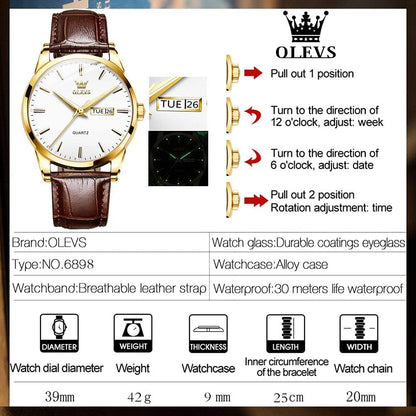 HOTOLEVS Mens Watch Brown Leather Band Dress Watch for Men Quartz Waterproof Men's Wrist Watch 38MM Gold Case Easy to Read Day Date Business Casual Men Watches Gifts for Him Relojes para Hombres
