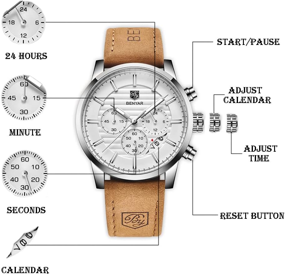 HOTBENYAR Quartz Chronograph Waterproof Watches Business and Sport Design Leather Band Strap Wrist Watch for Men
