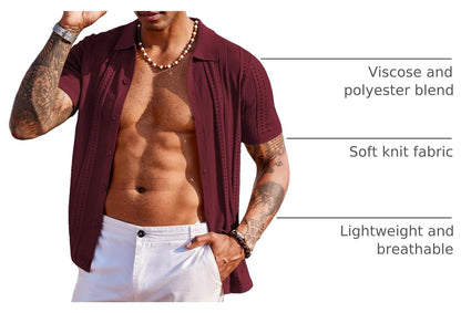 HOTCOOFANDY Men's Knit Shirts Short Sleeve Button Down Polo Shirt Fashion Casual Summer Beach Shirts