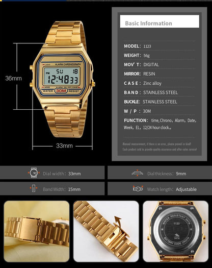 HOTPASOY Men's Digital Gold Stainless Steel Watch Backlit Multifunction Stopwatch Waterproof Sport Watches