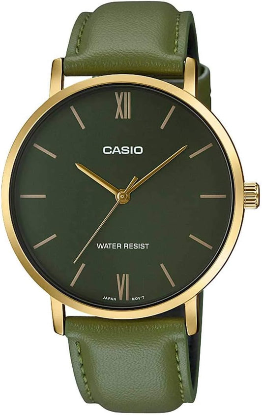 HOTCasio MTP-VT01GL-3B Men's Minimalistic Gold Tone Green Leather Band Green Dial 3-Hand Analog Watch