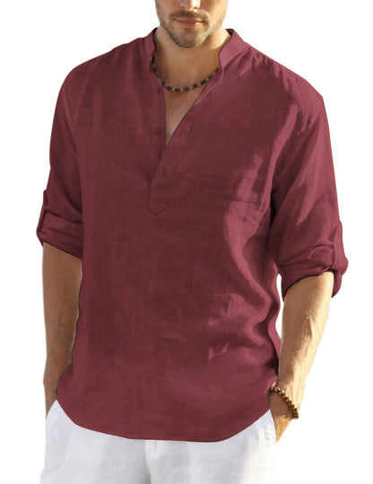 HOTCOOFANDY Men's Cotton Linen Henley T-Shirt Long Sleeve Hippie Casual Beach T-Shirts