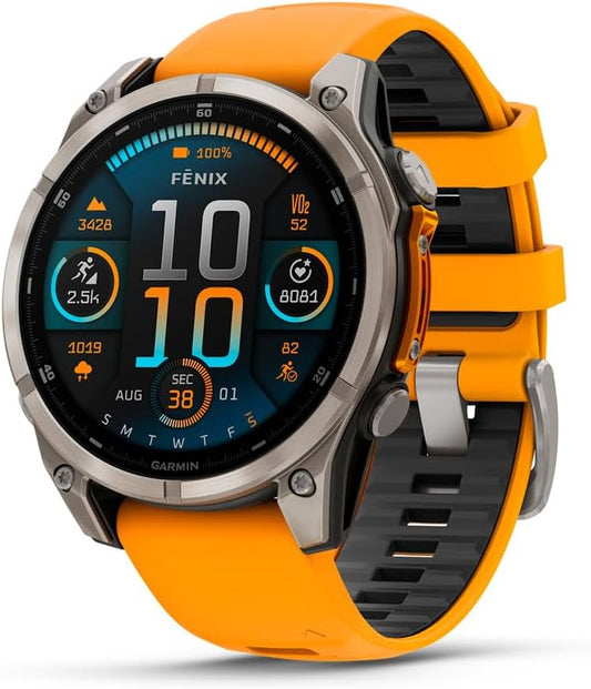 HOTGarmin fēnix® 8 – 47 mm, AMOLED, Sapphire, Premium Multisport GPS Smartwatch, Long-Lasting Battery Life, Dive-Rated, Built-in LED Flashlight, Titanium with Spark Orange/Graphite Band | Sapphire Lens, Titanium Bezel, Spark Orange and Graphite Silicone B