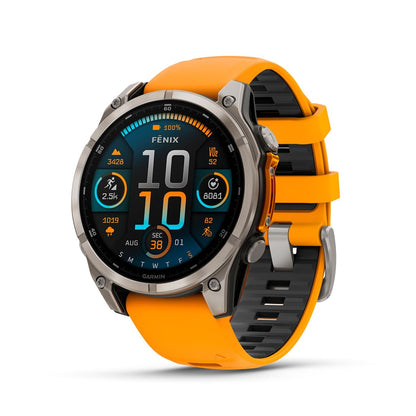 HOTGarmin fēnix® 8 – 47 mm, AMOLED, Sapphire, Premium Multisport GPS Smartwatch, Long-Lasting Battery Life, Dive-Rated, Built-in LED Flashlight, Titanium with Spark Orange/Graphite Band | Sapphire Lens, Titanium Bezel, Spark Orange and Graphite Silicone B