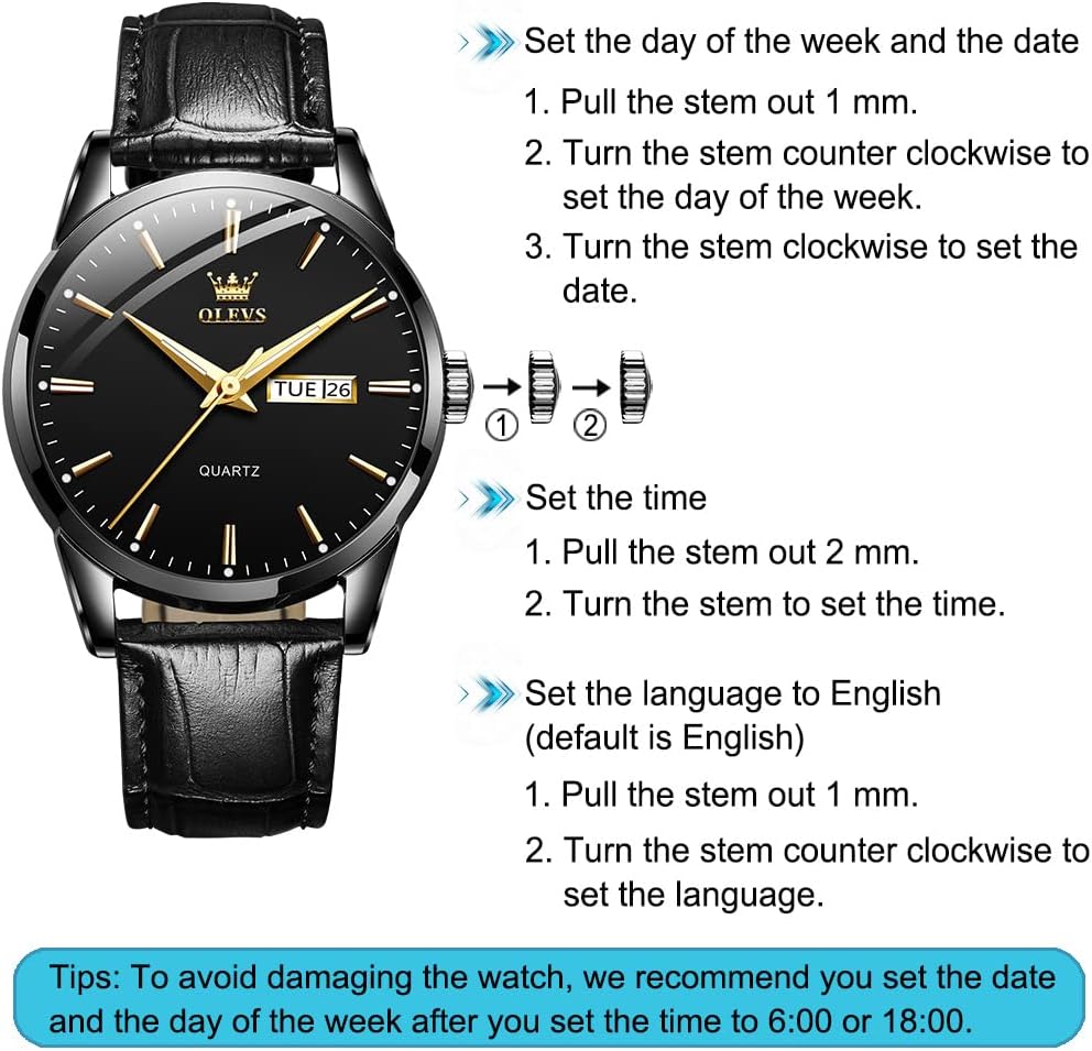 HOTOLEVS Men's Simple Watch with Day and Date, Stainless Steel Analog Quartz Watches for Men, Classic Luminous Hands Men's Dress Watches, Black/White/Blue Dial