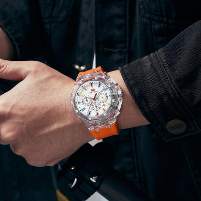HOTMASTOP Men Watches Multifunction Transparent Analog Display Orange Silicone Strap Calendar Chronograph Luminous Quartz Waterproof Trend Wrist Watches for Men Colorful Cool Dress Watch