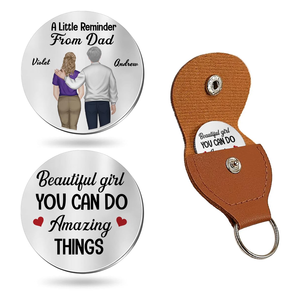 HOTWrappiness Pocket Hug from Dad to Daughter – Custom Coin with Leather Case, Personalized Token Gift for Daughter from Father