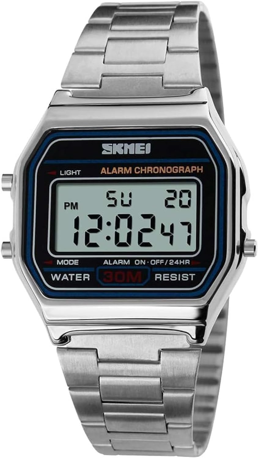 HOTSNE Men's Digital Watch Stainless Steel Band Water Resistant Electronic Square LED Back Light Wristwatch