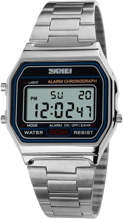 HOTSNE Men's Digital Watch Stainless Steel Band Water Resistant Electronic Square LED Back Light Wristwatch