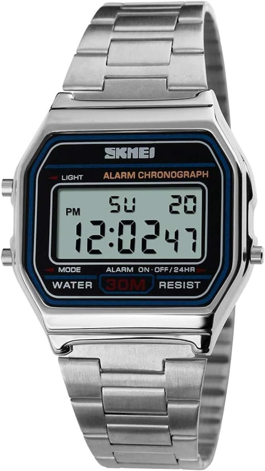 HOTSNE Men's Digital Watch Stainless Steel Band Water Resistant Electronic Square LED Back Light Wristwatch