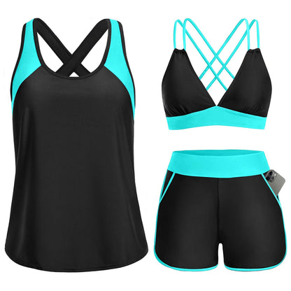 HOTWomen's 3 Piece Tankini Swimsuit Tummy Control with Bra Pocket Boy Shorts | Modest Bathing Suit, Athletic Style, Strappy-Back Support, High-Waist Fit, Built-In Brief, Side Pockets, Beach Swim Days