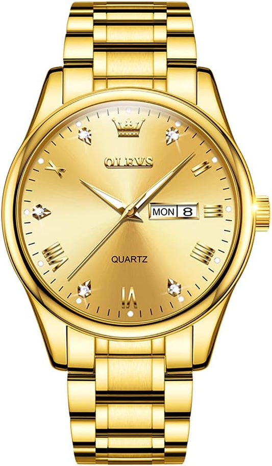 HOTOLEVS Men's Luxury Stainless Steel Watch, Big Face Gold Silver Two Tone Three Hand Analog Quartz Watch, Easy to Read Waterproof Luminous Day Date Wrist Watches for Men