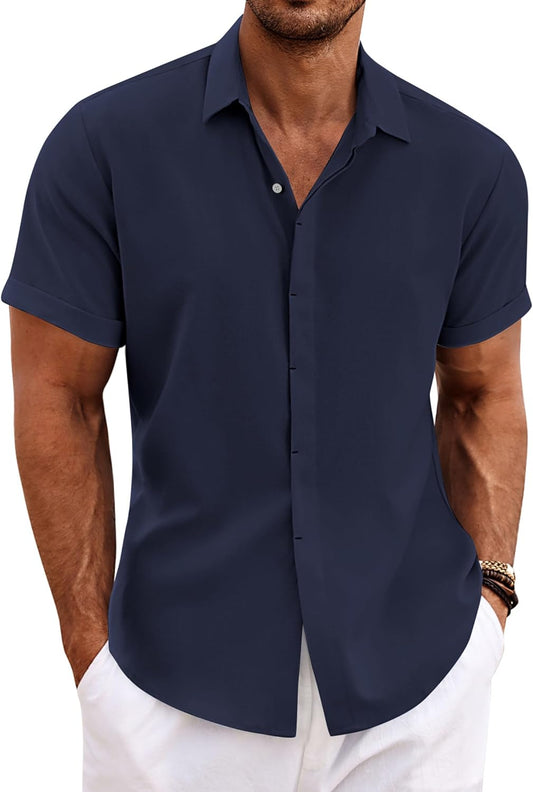 HOTCOOFANDY Men's Linen Shirts Short Sleeve Casual Shirts Button Down Shirt for Men Beach Summer Wedding Shirt