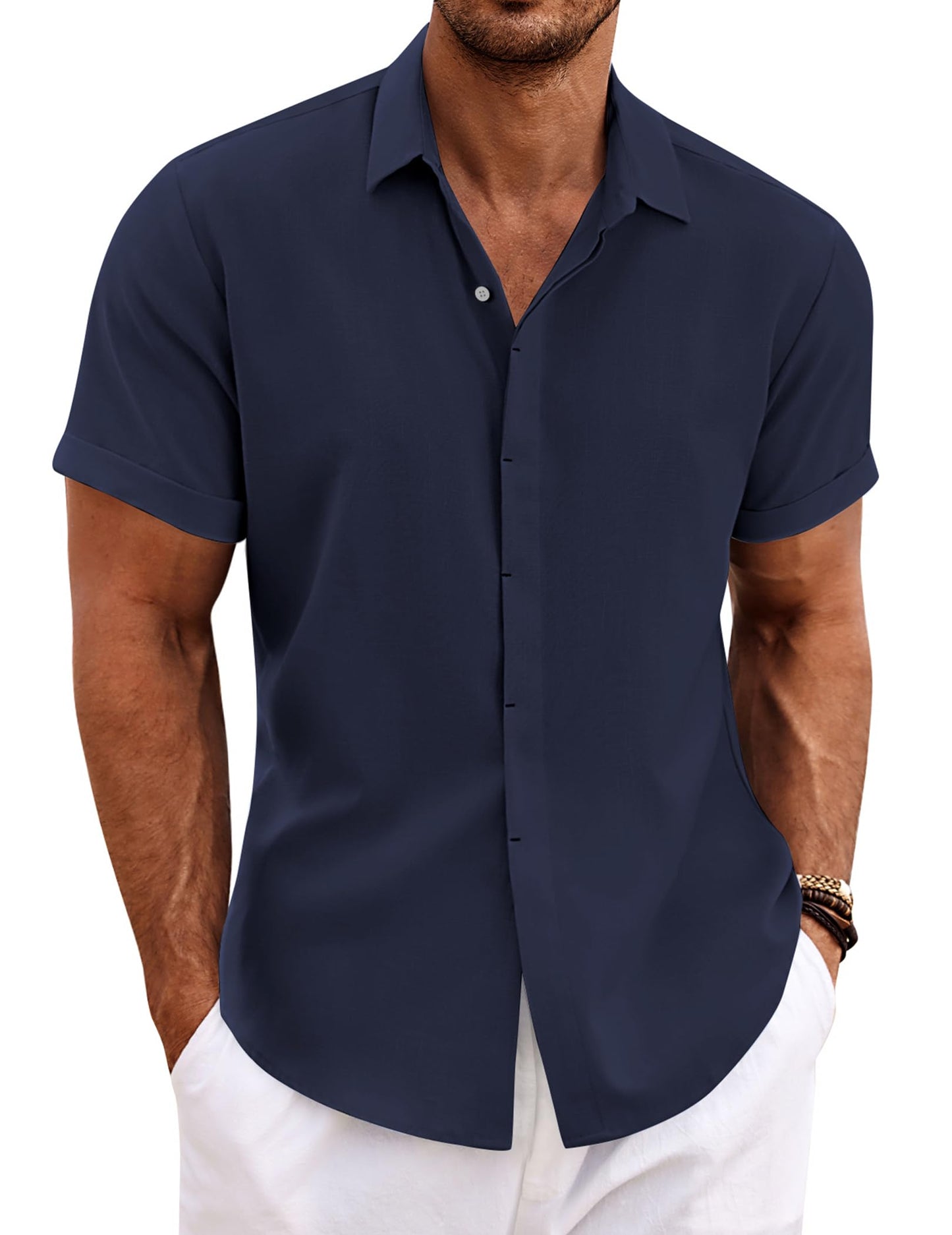 HOTCOOFANDY Men's Linen Shirts Short Sleeve Casual Shirts Button Down Shirt for Men Beach Summer Wedding Shirt
