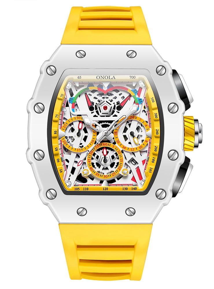 HOTFANMIS Fashion Hollowed Men Watches Tonneau Skeleton Dial Big Face 30M Water Resistant Chronograph Casual Watch with Silicone Strap Multifunctional Outdoor Sports Watch for Men’s