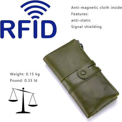 HOTmyfriday Ladies RFID Genuine Leather Wallet, Bifold Long Clutch Card Holder | 12 card slots, photo slot, bill pockets, memory-card slot and back zipper keep cash and cards slimly organized