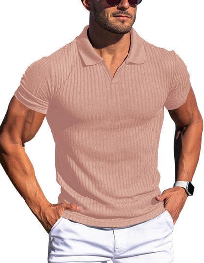 HOTMen's Muscle V Neck Polo Shirts Slim Fit Short Long Sleeve Cotton Golf T-Shirts Ribbed Knit Soft Tees