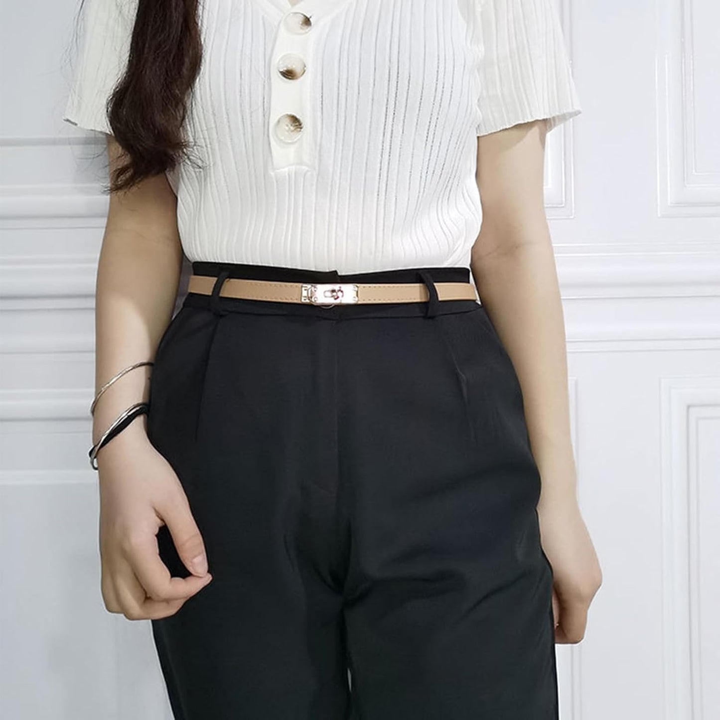 HOTFENLDY Adjustable Thin Belts For Womens Skinny Belts For Dresses Womens Solid Color Alloy Turn Lock Belts For Jeans