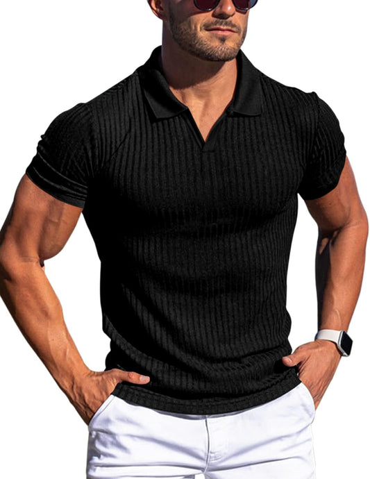 HOTMen's Muscle V Neck Polo Shirts Slim Fit Short Long Sleeve Cotton Golf T-Shirts Ribbed Knit Soft Tees