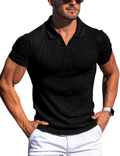 HOTMen's Muscle V Neck Polo Shirts Slim Fit Short Long Sleeve Cotton Golf T-Shirts Ribbed Knit Soft Tees