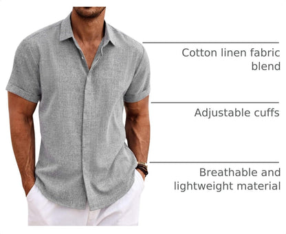 HOTCOOFANDY Men's Linen Shirts Short Sleeve Casual Shirts Button Down Shirt for Men Beach Summer Wedding Shirt