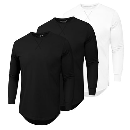 HOTMens 3 Pack Plain Cotton Shirts Short Sleeve Casual Crew Neck T-Shirts Hipster Hip Hop Longline Tees Drop Cut Curved Hem