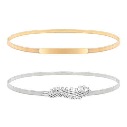 HOTXZQTIVE 2 Pieces Women Skinny Metal Chain Waist Belt Stretchy Saree Cinch Belt for Dress Gold Sliver