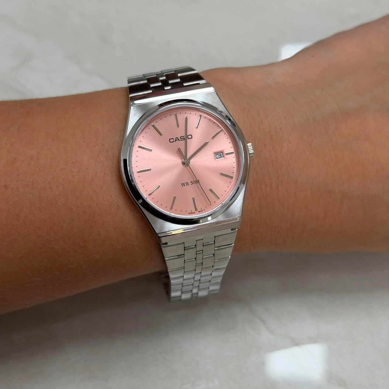 HOTCasio MTP-B145D-4AV Men's Vintage Stainless Steel Pink Dial 3-Hand Analog Watch