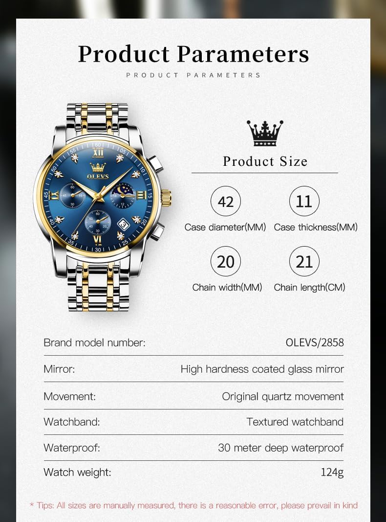 HOTOLEVS Watch for Men Diamond Business Dress Analog Quartz Stainless Steel Waterproof Luminous Date Two Tone Luxury Casual Wrist Watch Blue