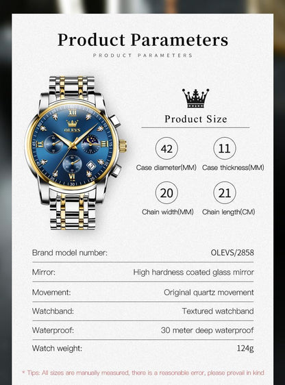 HOTOLEVS Watch for Men Diamond Business Dress Analog Quartz Stainless Steel Waterproof Luminous Date Two Tone Luxury Casual Wrist Watch Blue