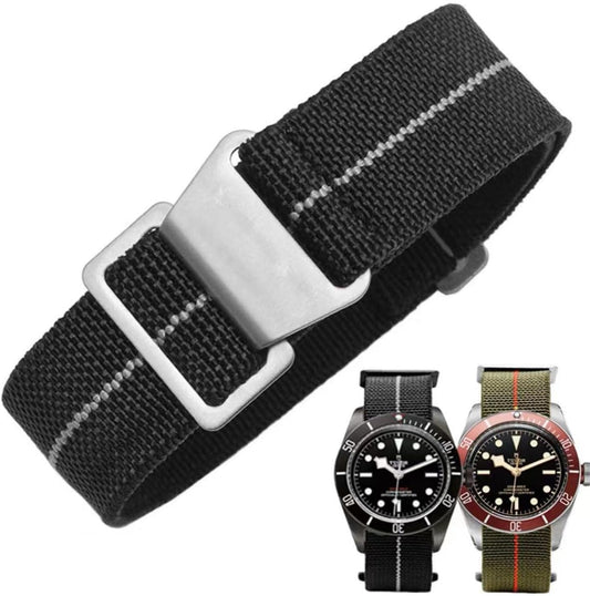HOTFrench Troops Paratrooper Watchband,Military Elastic Nylon Watch Strap with Hook-and-Loop for Men Women Silver & Black Buckle 18/20/22mm