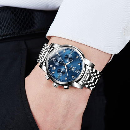 HOTOLEVS Men's Stainless Steel Chronograph Watch, Big Face Gold Silver Black Tone Easy to Read Analog Quartz Watch, Luxury Waterproof Date Diamond Roman Arabic Numerals Dial Dress Watch for Men