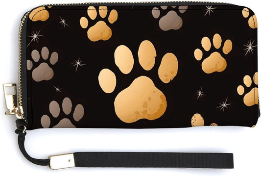 HOTLeather Purse,Dog Paw Print Print Womens Wallet,travel Wallet,wrist Strap Long Purse,leather Zip Around Wallet