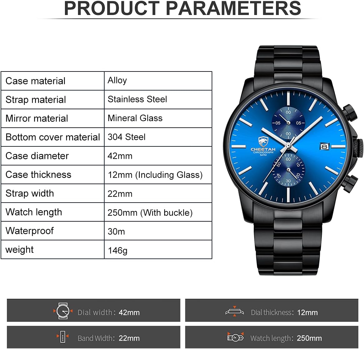 HOTGOLDEN HOUR Fashion Business Mens Watches with Stainless Steel Waterproof Chronograph Quartz Watch for Men, Auto Date