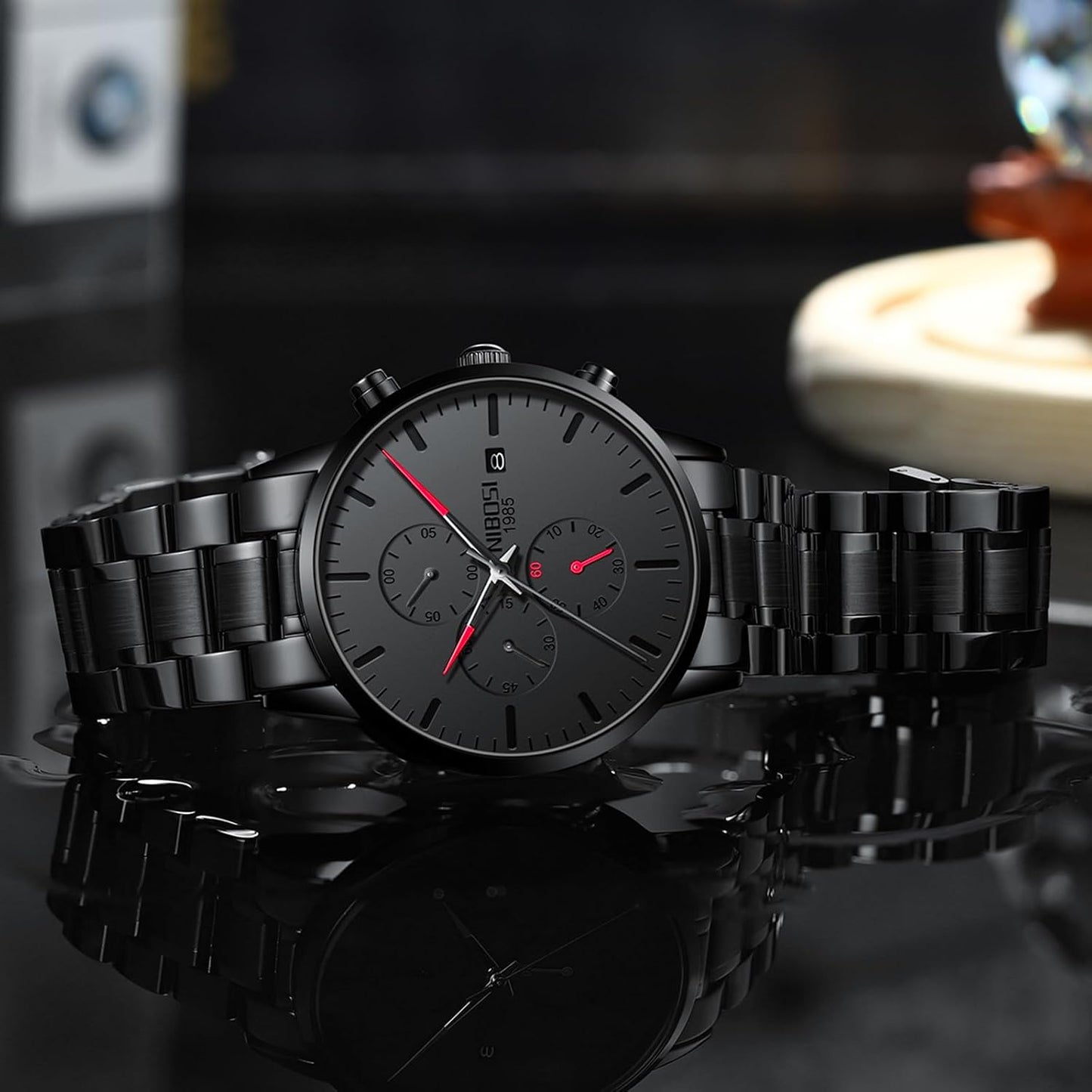 HOTNIBOSI Men's Analog Chronograph Watch, Minimalist Black Dial with Date | Waterproof Stainless Steel Strap, Business Fashion Casual Quartz Wrist Watches for Men