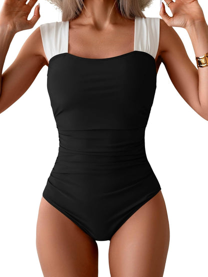 HOTB2prity Womens One Piece Swimsuit Retro Square Neck Tummy Control Bathing Suits Ruched Modest Full Coverage Swimwear
