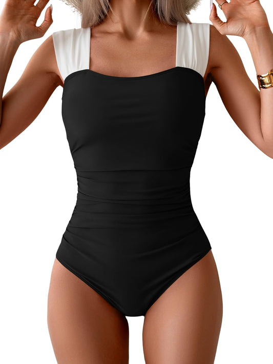 HOTB2prity Womens One Piece Swimsuit Retro Square Neck Tummy Control Bathing Suits Ruched Modest Full Coverage Swimwear