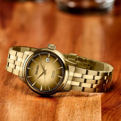 HOTSEIKO Automatic Watch for Men - Presage Cocktail Time - Patterned Dial | Gloss Finish, Date Calendar, Stainless Steel, Water-Resistant 50M, 41-Hour Reserve Power, See-Through Caseback