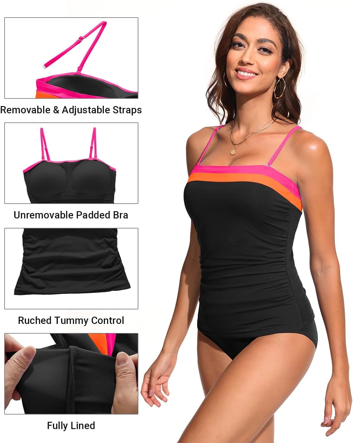 HOTDaci Women Strapless Tankini Tummy Control 2 Piece Bandeau Swimsuit | Full Coverage,Removable&Adjustable Straps,Built-in Soft Unremovable Bra,Ruched Tummy Control,Mid Waist Bottom,Fully Lined