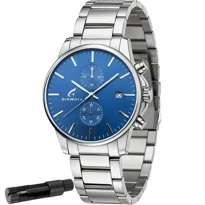 HOTStylish Stainless Steel Men's Watches with Functional Chronograph Subdials | Analog Waterproof Watches for Men, Solid Feel, Auto Date, 60-Second & 1/10-Second Timers, Gifts for Men Dad Husband Boyfriend