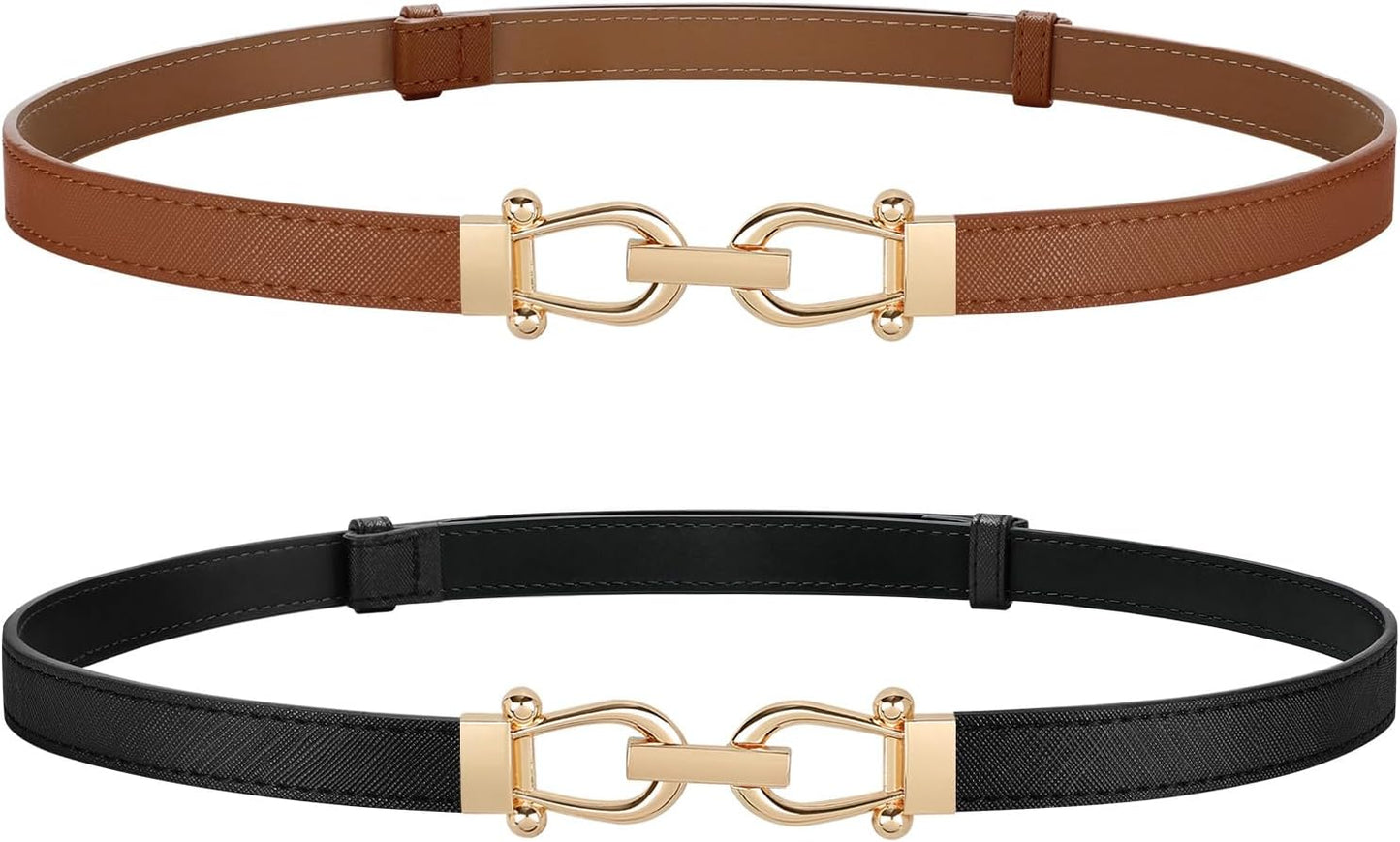 HOTJASGOOD 2 Pack Thin Belts for Women Fashion Skinny Leather Waist Belts for Jeans Pants Dresses with Gold Buckle