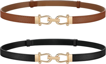 HOTJASGOOD 2 Pack Thin Belts for Women Fashion Skinny Leather Waist Belts for Jeans Pants Dresses with Gold Buckle